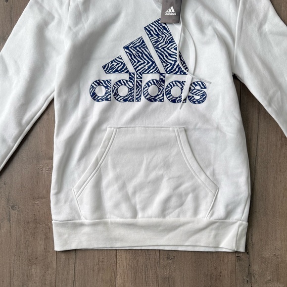 Adidas White Hoodie with Zebra Patterned Blue Logo NWT - Picture 5 of 8